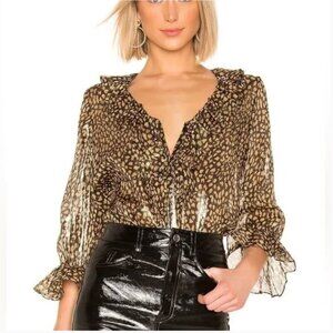Alice + Olivia Elliot Gold Black Animal Print Ruffle Blouse Top Size Small